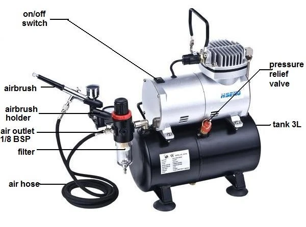 Ningbo Haosheng Air Compressor W/ 3 Litre Air Tank, Regulator, Air Hose & Gravity Fed Airbrush - 110 Volt