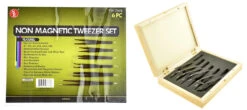 6-Pc. Non-Magnetic Black Oxidized Tweezers Set In Wooden Box