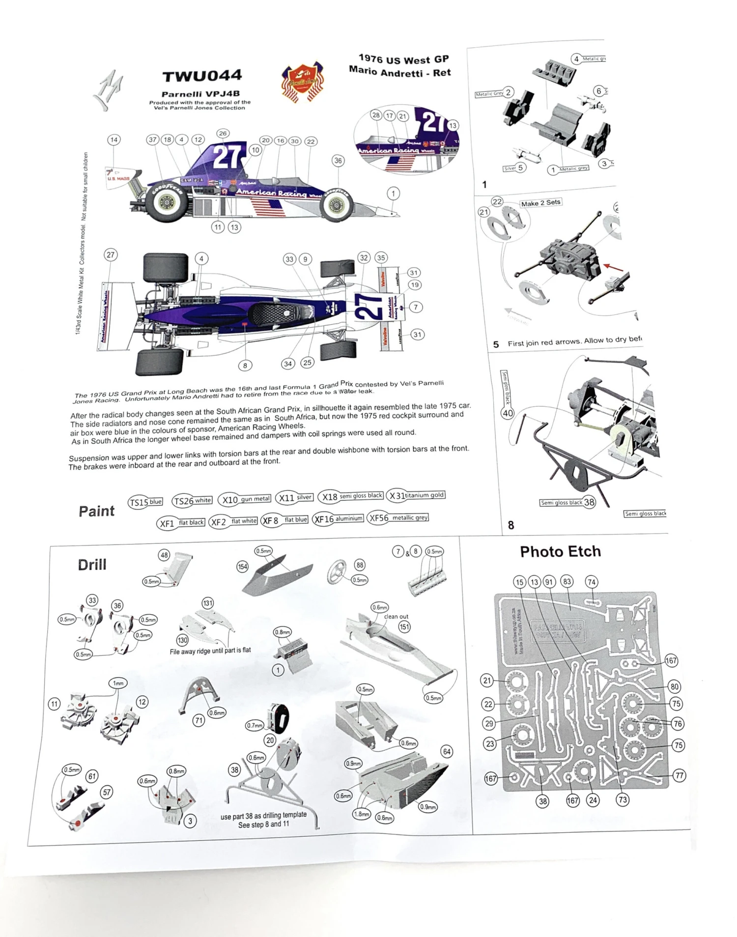 Tameo TWU 044 Parnelli VPJ4B Mario Andretti 1976 US West GP - White Metal Car Kit - Scale 1:43 - Image 4