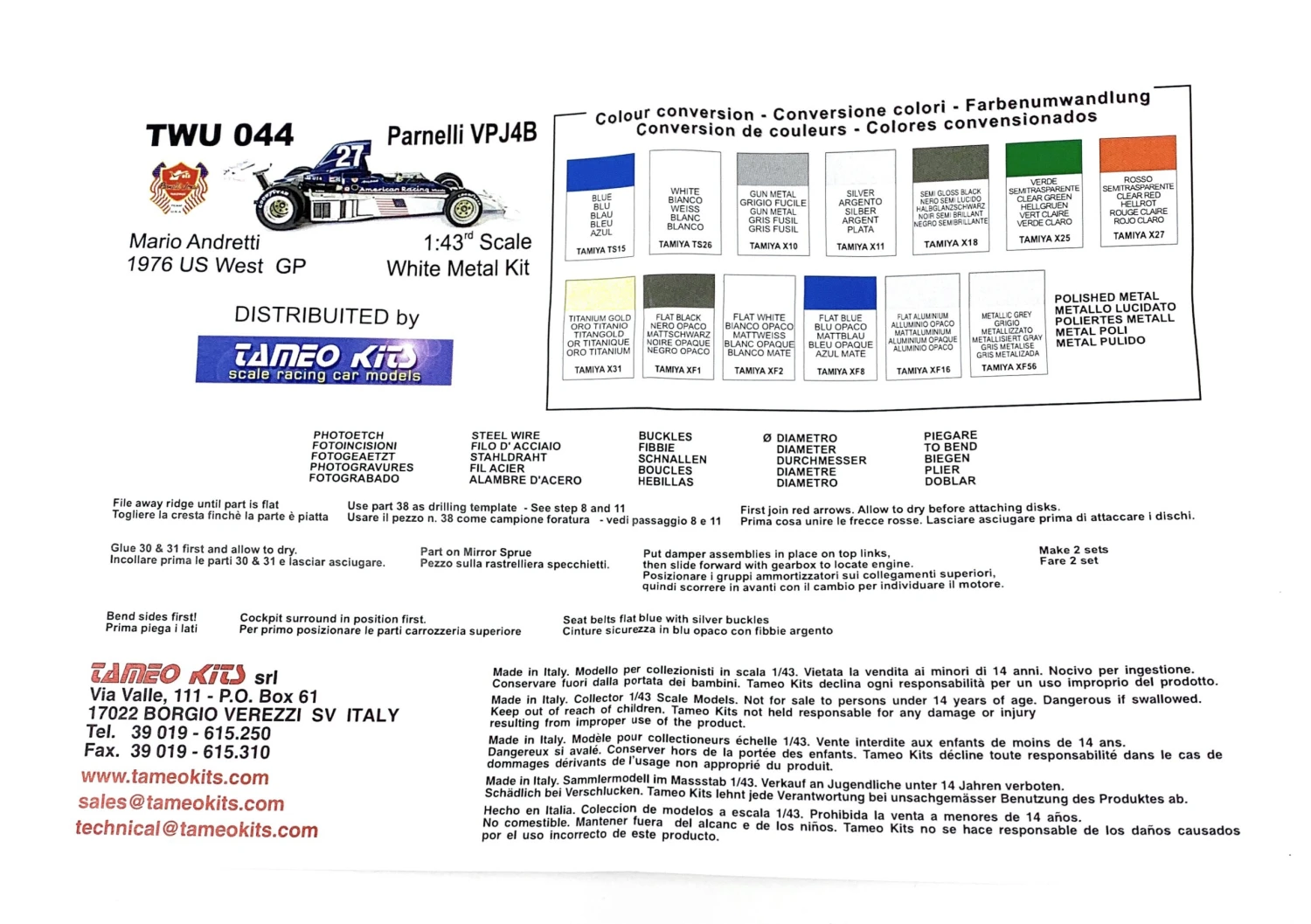 Tameo TWU 044 Parnelli VPJ4B Mario Andretti 1976 US West GP - White Metal Car Kit - Scale 1:43 - Image 6