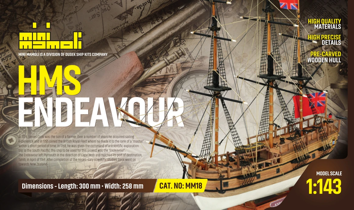 Mamoli MM18 HMS Endeavour - Wooden Model Ship Kit With Pre-carved Hull - Scale 1/143 - Length 11.8 In - Height 10.2 In - Image 2